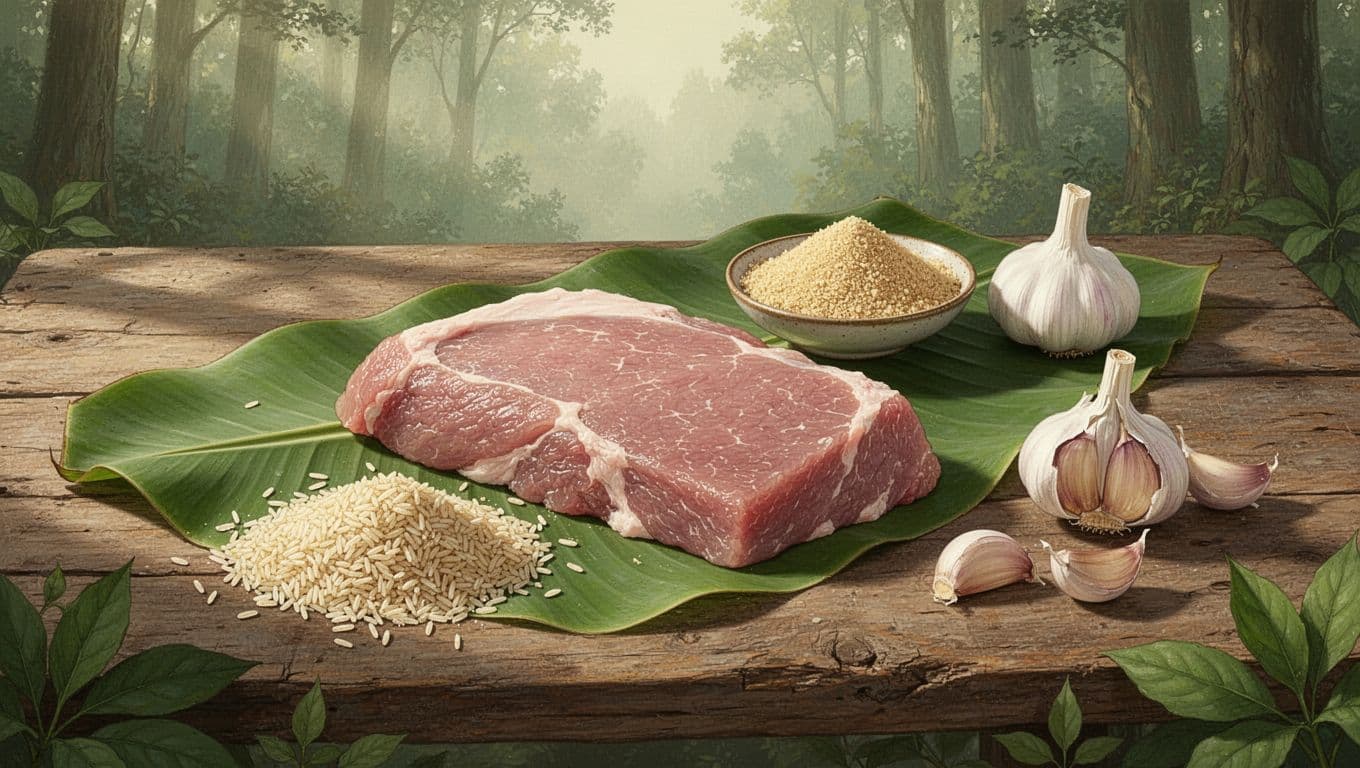 Thịt lợn, gạo rang, tỏi, ớt và lá chuối bày trên bàn gỗ dưới nắng sớm.