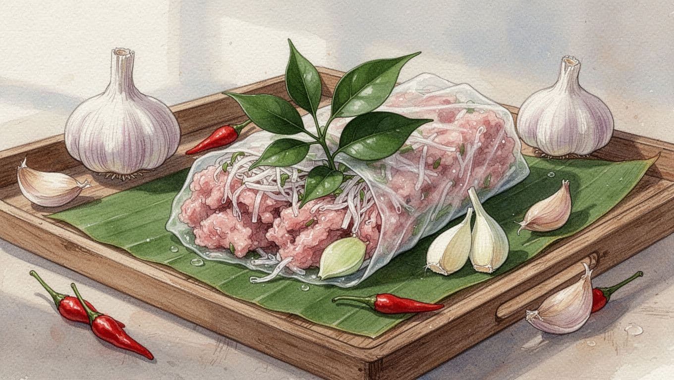 Lát tỏi ánh xanh trên lá chuối sau khi mở nem.