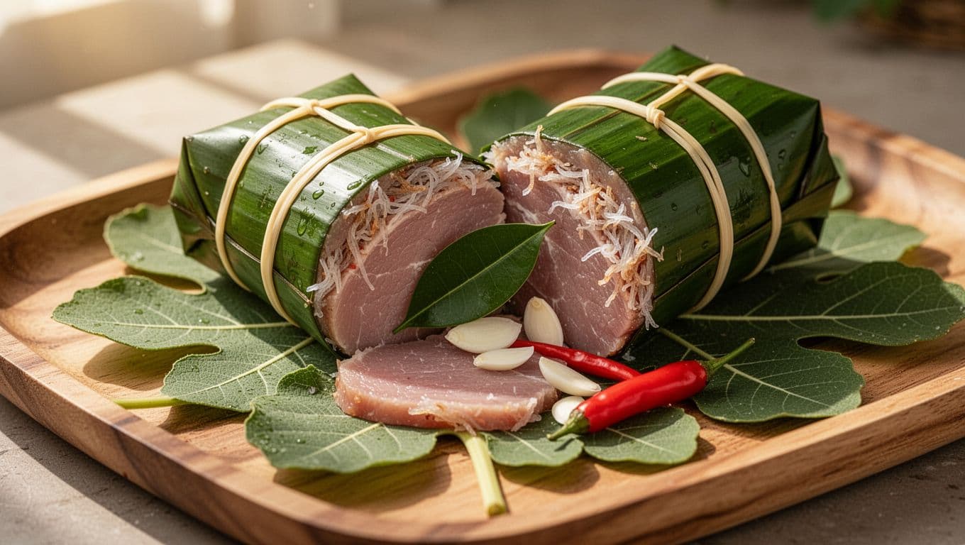 Nem chua Thanh Hóa gói lá chuối đặt trên khay gỗ cùng tỏi ớt.