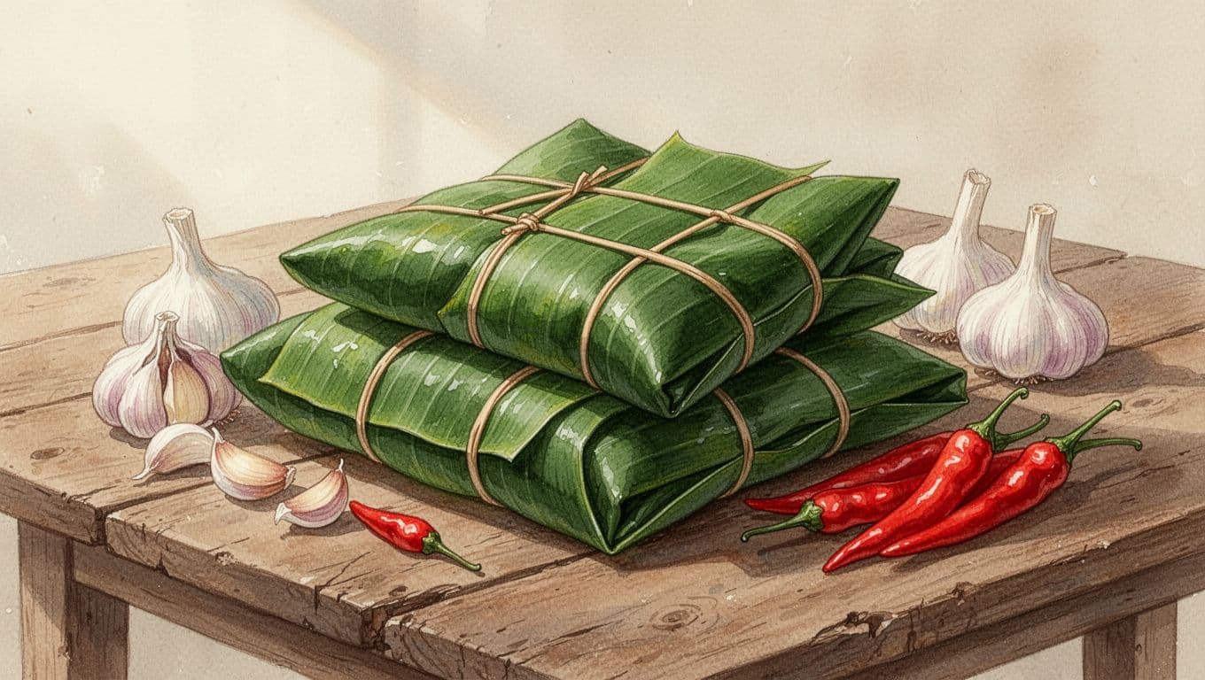 Nem chua bọc lá chuối xanh đặt trên bàn gỗ cùng tỏi và ớt.