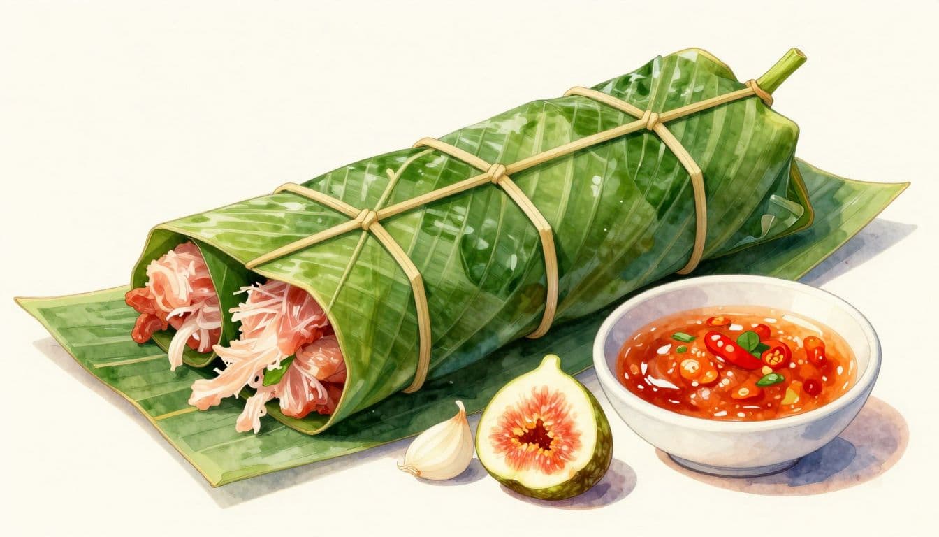 Nem chua Thanh Hóa bọc lá chuối, kèm tỏi, ớt đỏ và chén tương ớt.