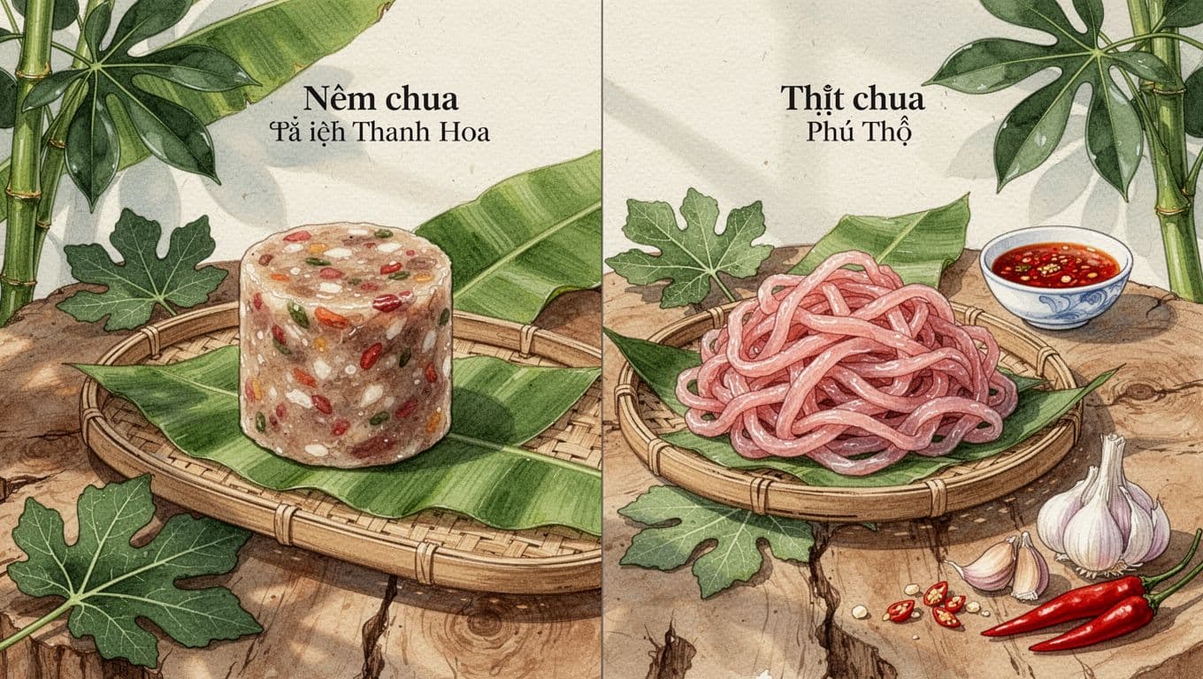 Khay tre bày nem chua Thanh Hóa cạnh bát thịt chua Phú Thọ, lá xanh, tỏi, ớt và chén nước chấm.