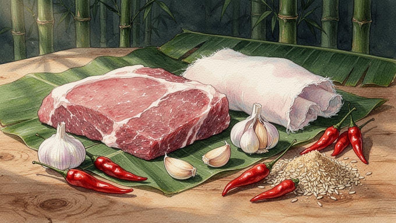 Thịt heo, da heo, tỏi, ớt và thính gạo bày trên lá chuối xanh.