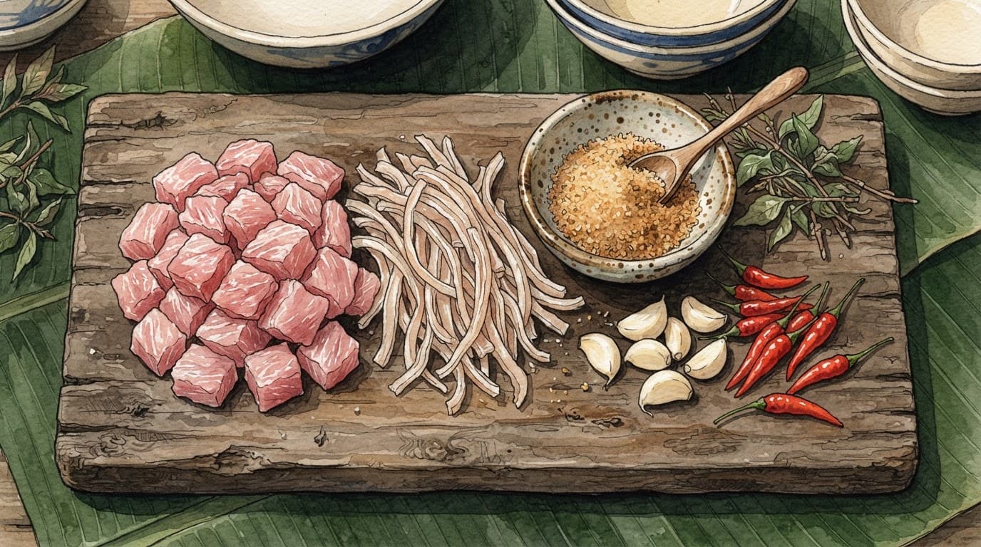 Thịt heo, da heo, tỏi và ớt trên thớt gỗ.