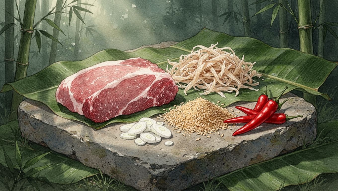 Nguyên liệu nem chua gồm thịt heo, bì sợi, tỏi, ớt và lá chuối trên mặt đá.