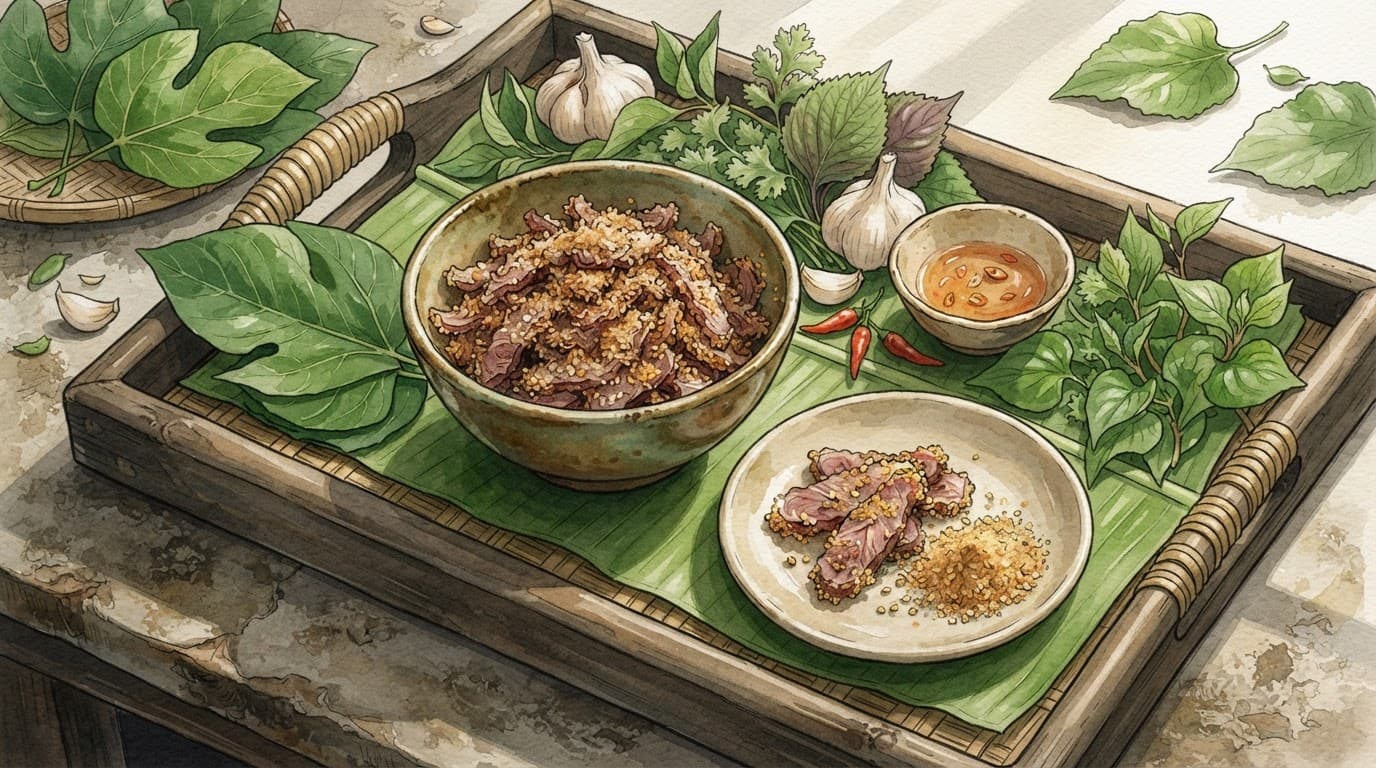 Bát thịt chua phủ bột gạo rang bên đĩa nhỏ, rau thơm, lá sung và gia vị.