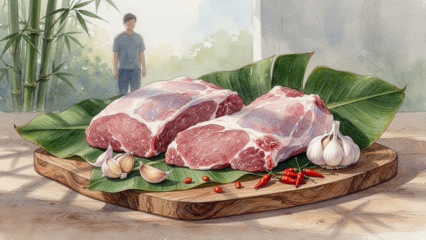 Thịt tươi, tỏi và ớt đỏ trên bảng gỗ.