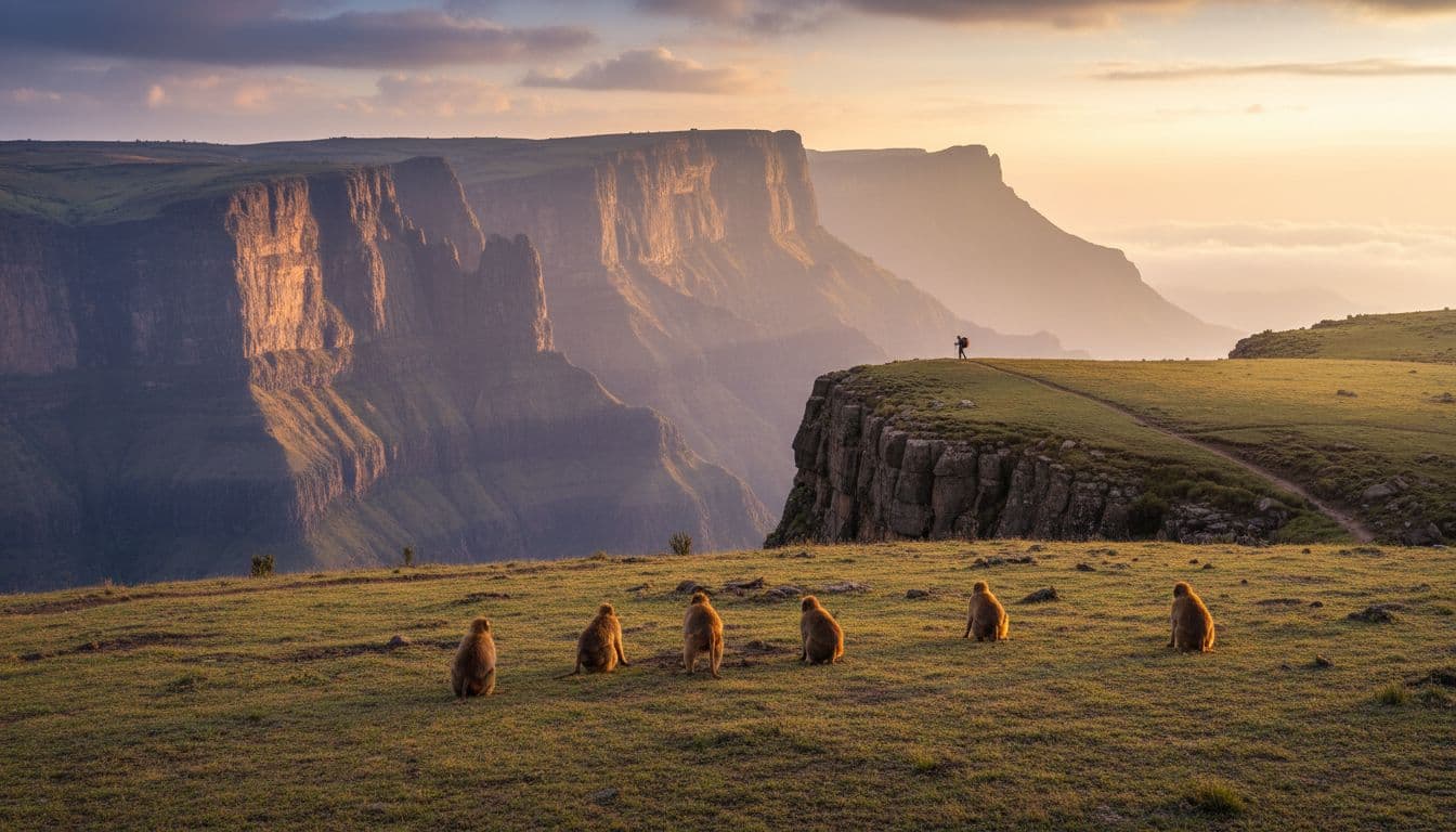 Dramatic cliffs and valleys in Ethiopia's Simien Mountains feature a small group of gelada baboons on a grassy plateau, with a single hiker visible on the trail in the distance under golden hour sunlight.