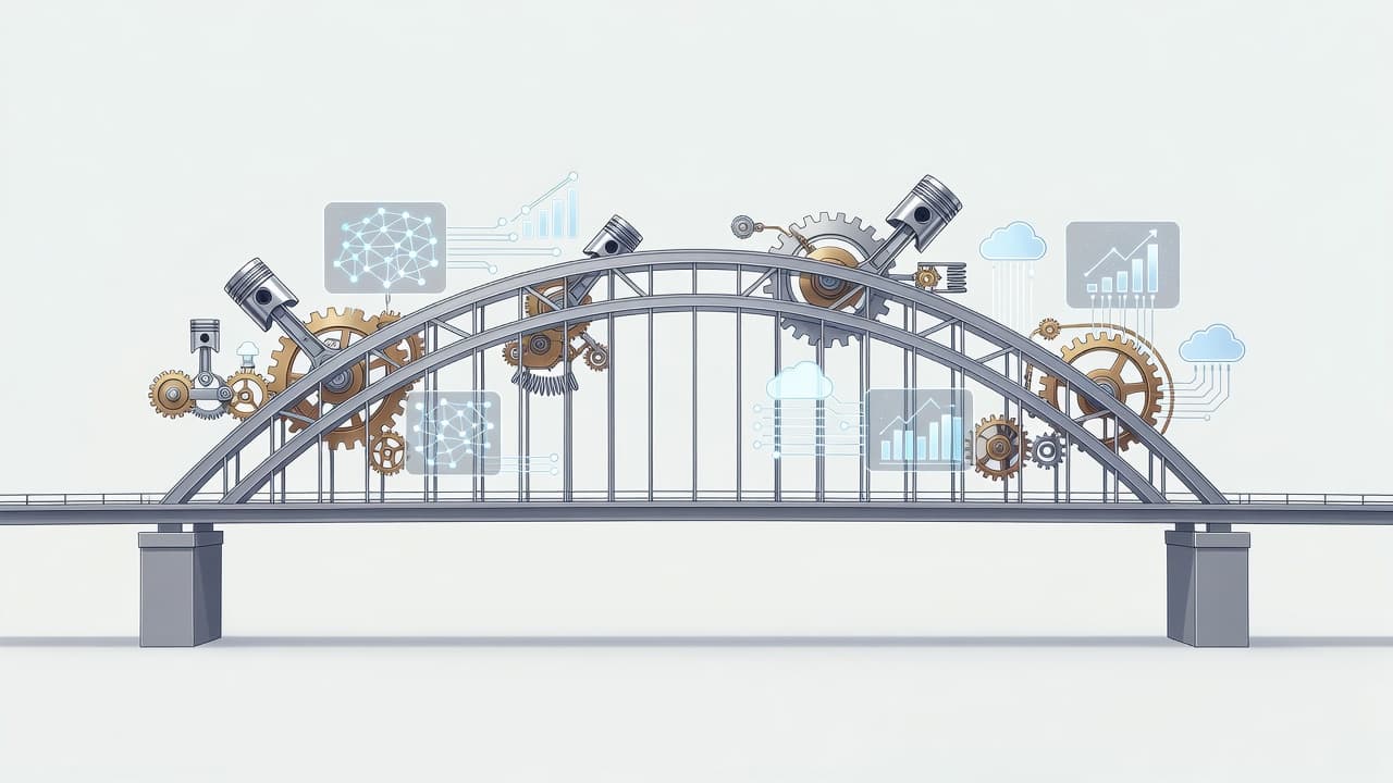 A sleek, stylized bridge connects two sides, featuring mechanical gears integrated with glowing digital data icons. The composition emphasizes structural balance and technological stability against a soft, professional blue and gray background.