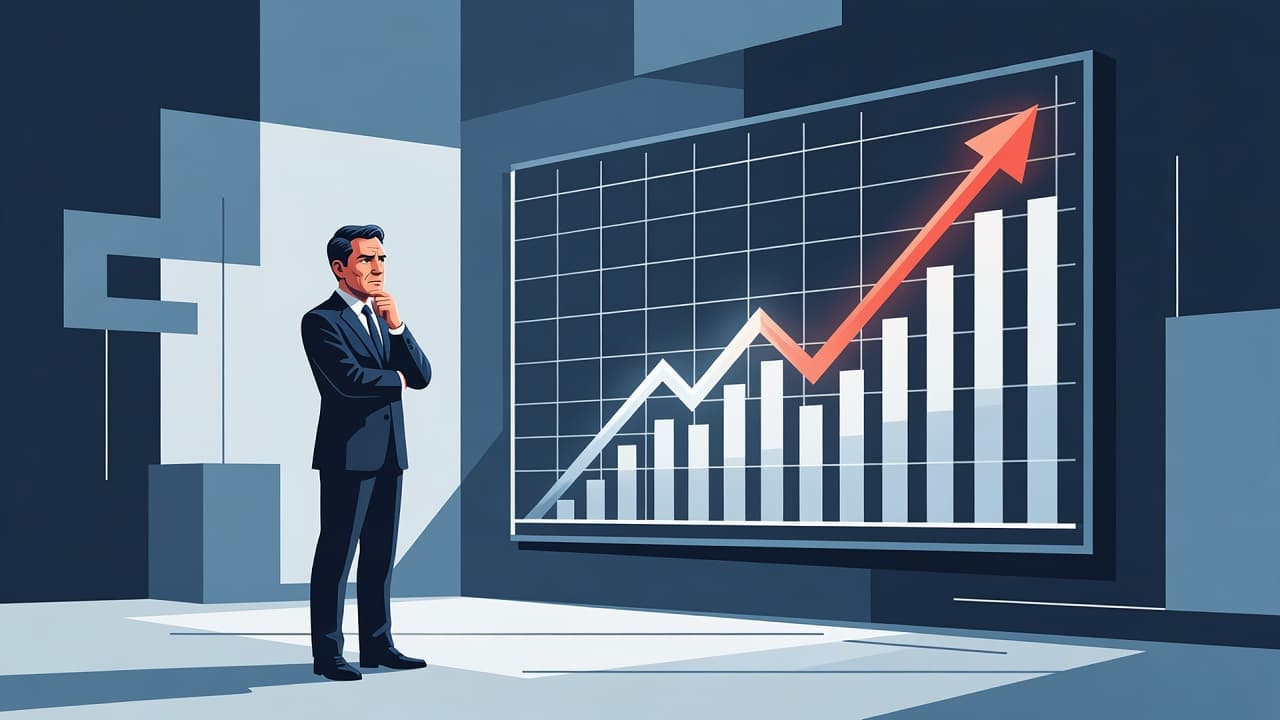 A silhouette of a professional standing before a large, abstract bar chart showing upward trends. The composition uses clean geometric shapes and muted blue tones to convey strategic corporate growth.