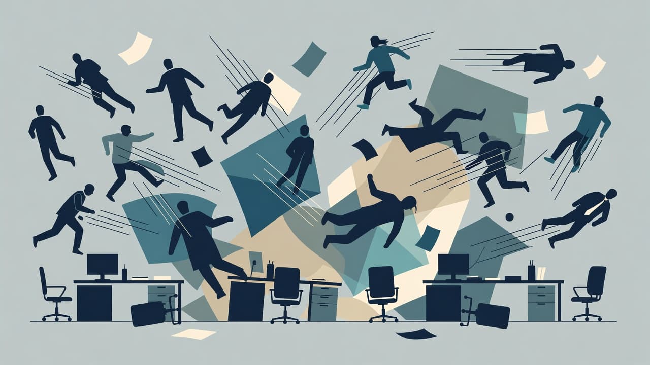 A flat vector scene depicts office workers as abstract geometric shapes moving in frantic, conflicting directions. Overlapping lines and muted tones create a sense of professional instability within the corporate workspace.