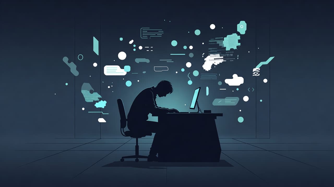 A slumped human figure sits at a desk amidst floating, abstract geometric shapes representing digital clutter. The composition uses a cold, oppressive color palette to emphasize a sense of professional isolation.