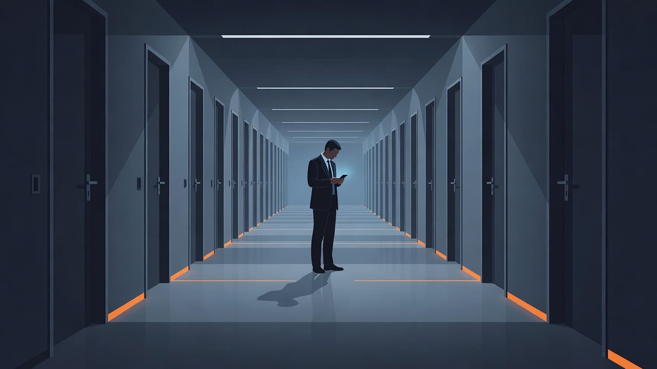 A lone figure stands centered in a long, repetitive office hallway with cool blue tones. The dim lighting and repeating doorways emphasize the feeling of isolation and constant professional uncertainty.