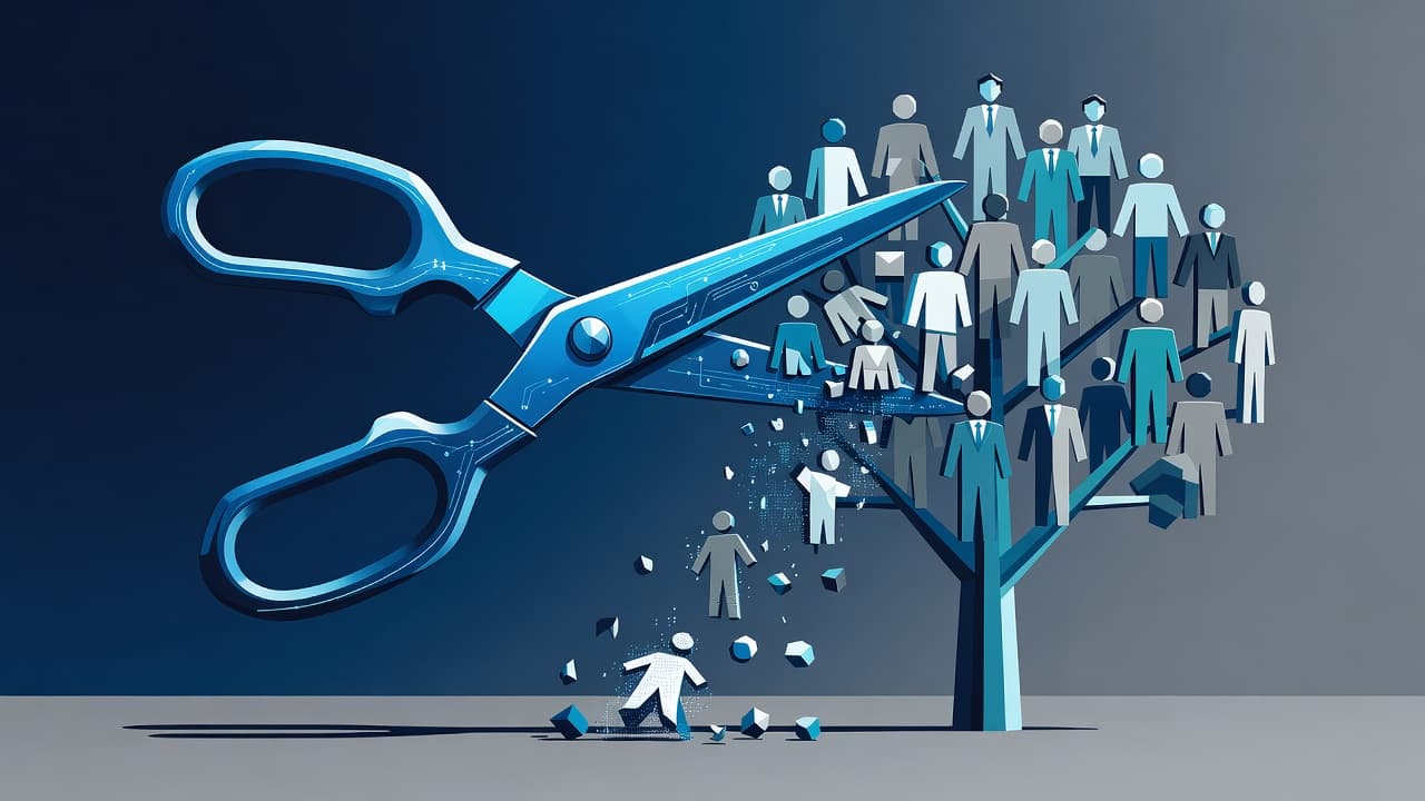 Digital metallic shears trim a stylized tree composed of tiny human figures in a clean illustration. Sharp blue and grey lines create a tense, geometric composition representing systematic staff reduction.