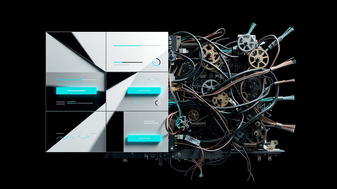 A split illustration displays a sleek, reflective user interface on the left. In stark contrast, the right side reveals a chaotic mechanical interior filled with tangled wires and interlocking metallic gears.