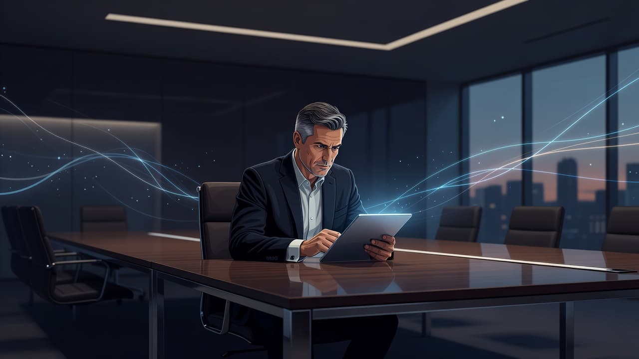 A focused executive views a digital tablet while sitting at a sleek boardroom table. Subtle, glowing abstract lines weave through the dimly lit office space to represent sophisticated digital data security.