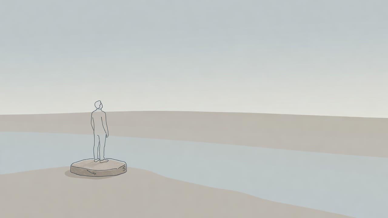 A simplified illustration features a solitary figure perched upon a smooth stone. The individual gazes outward toward a vast, expansive horizon line rendered in soft, muted tones and clean aesthetic shapes.