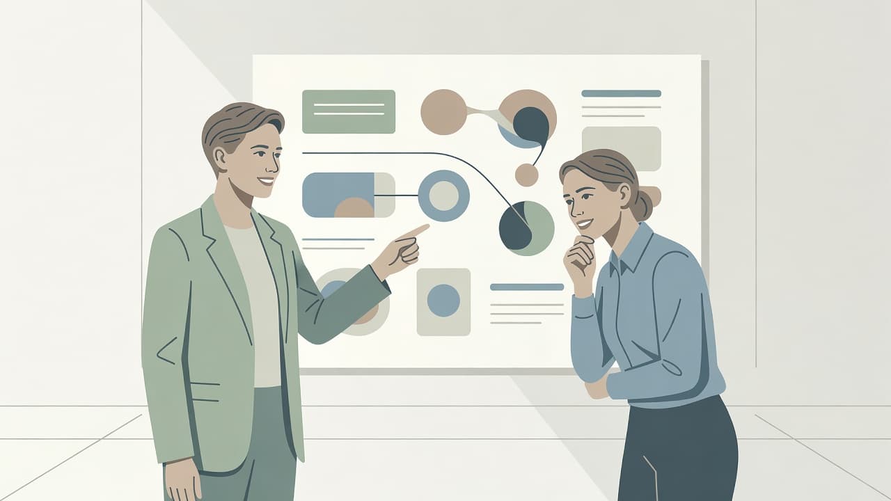 Two individuals stand beside a large project board as one person gestures toward the surface. The scene uses clean geometric shapes and muted tones to highlight a collaborative growth-oriented working relationship.