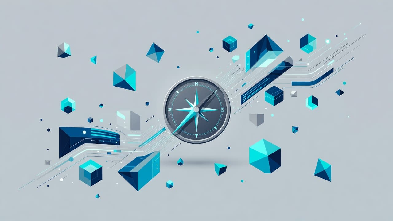 A stylized golden compass sits centrally, surrounded by floating geometric shapes and translucent data paths. Sharp lines intersect the background, suggesting complex navigation through a dynamic and evolving technical environment.