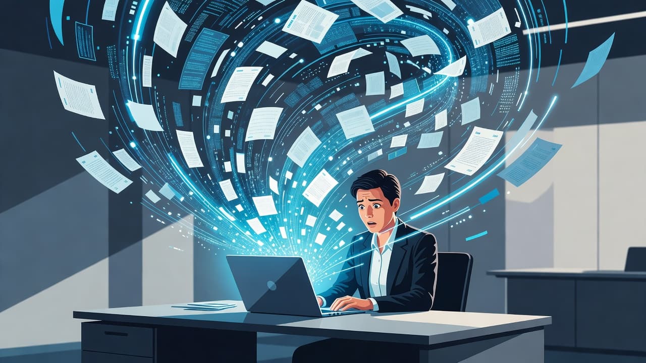 A focused professional sits at a desk as glowing streams of light and floating digital documents pour aggressively from a laptop screen, creating a chaotic atmosphere in a modern office space.