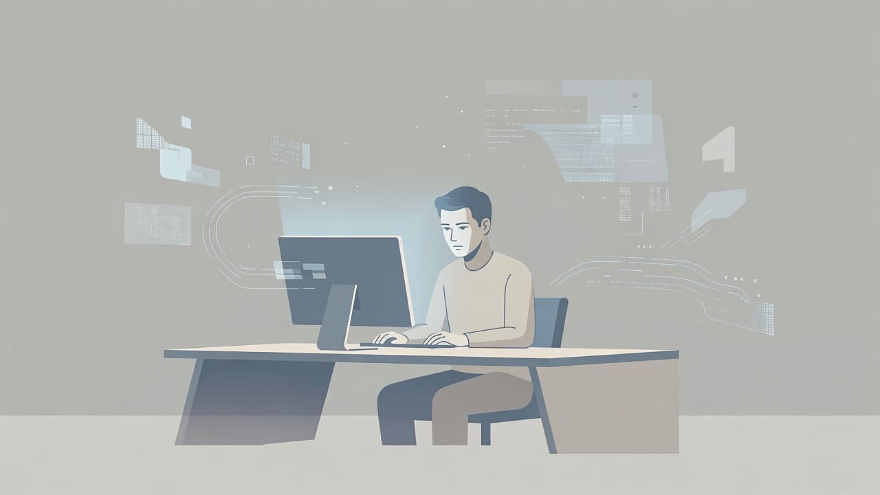 A person sits at a sleek desk staring at a computer display while soft, abstract digital geometric shapes float through the air. A muted color palette creates a calm, minimalist professional setting.