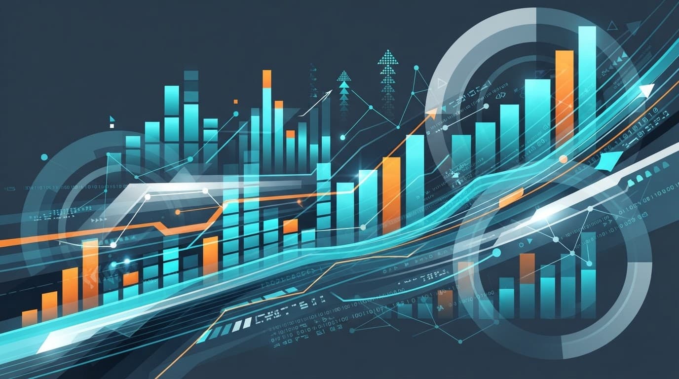 Turquoise and orange bars with flowing data lines on a dark background.