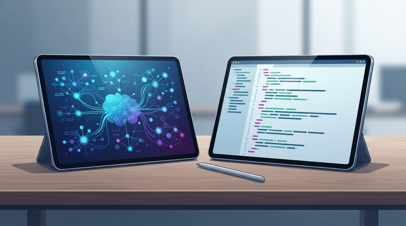 Two tablets on a wooden desk show network diagrams and code.