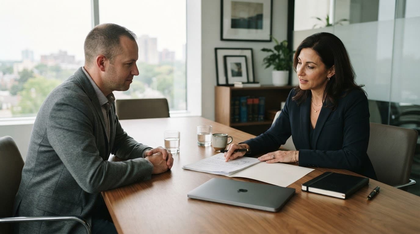 A business owner and lawyer review papers across a wooden table.