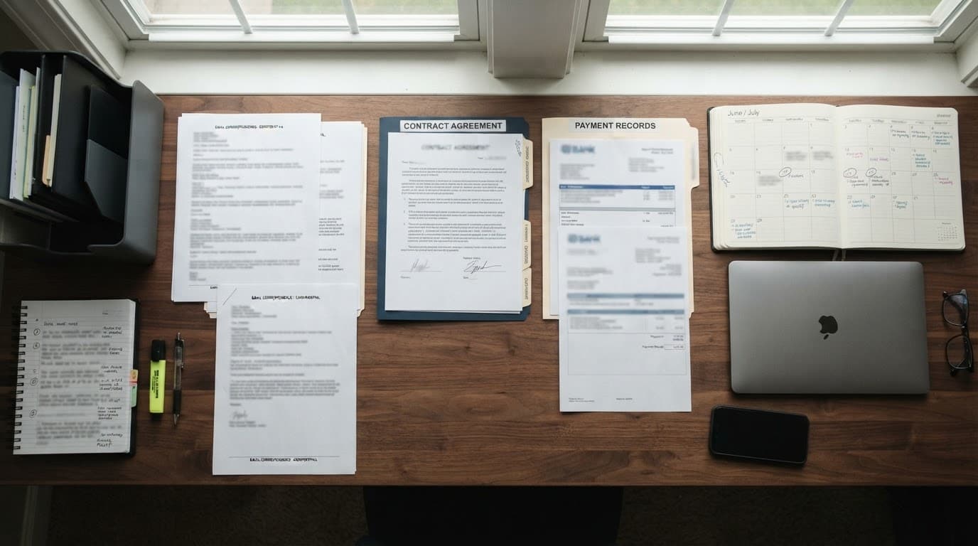 Desk with a contract, folders, receipt, calendar, emails, phone, and laptop.