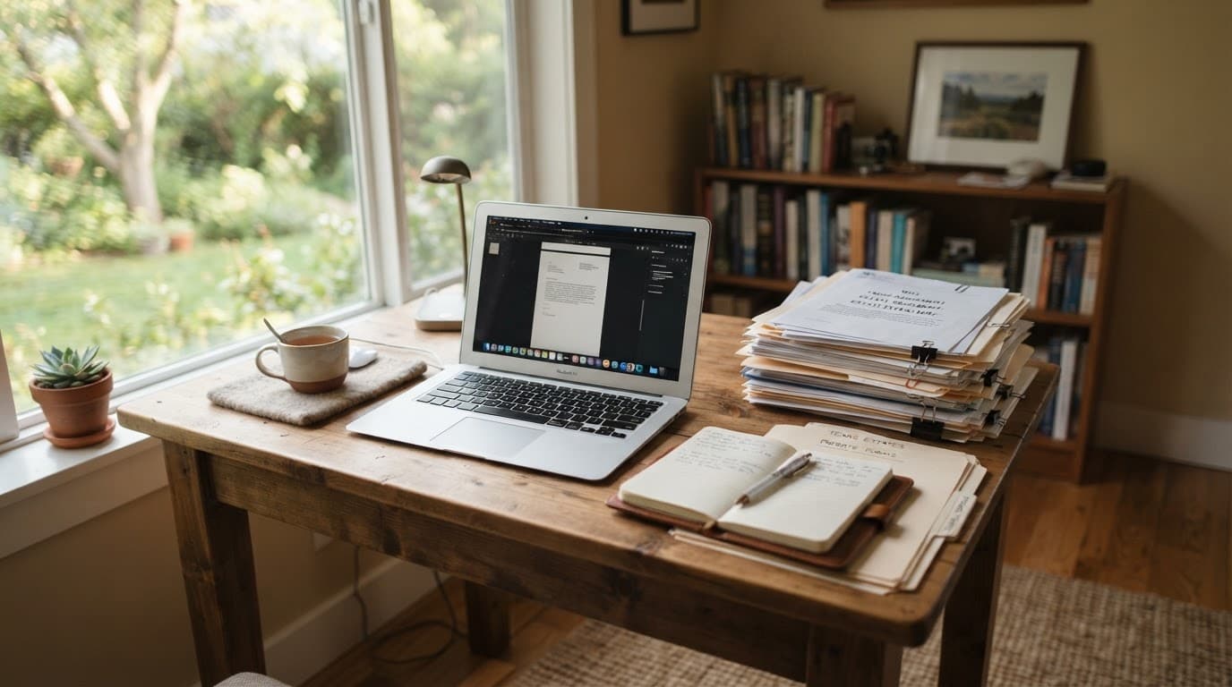 A laptop and legal papers on a wooden table in a softly lit home office.