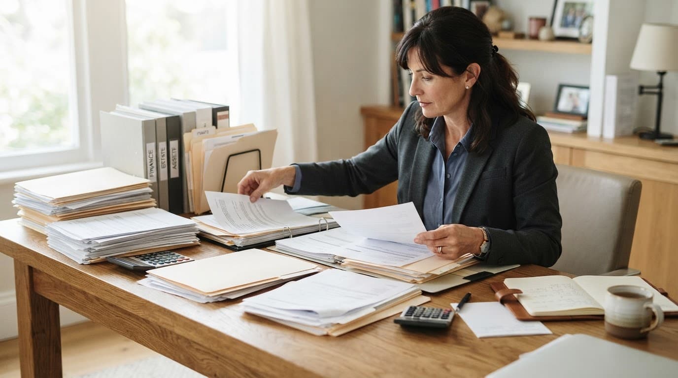 A professional organizes financial papers on a wooden desk in soft natural light.
