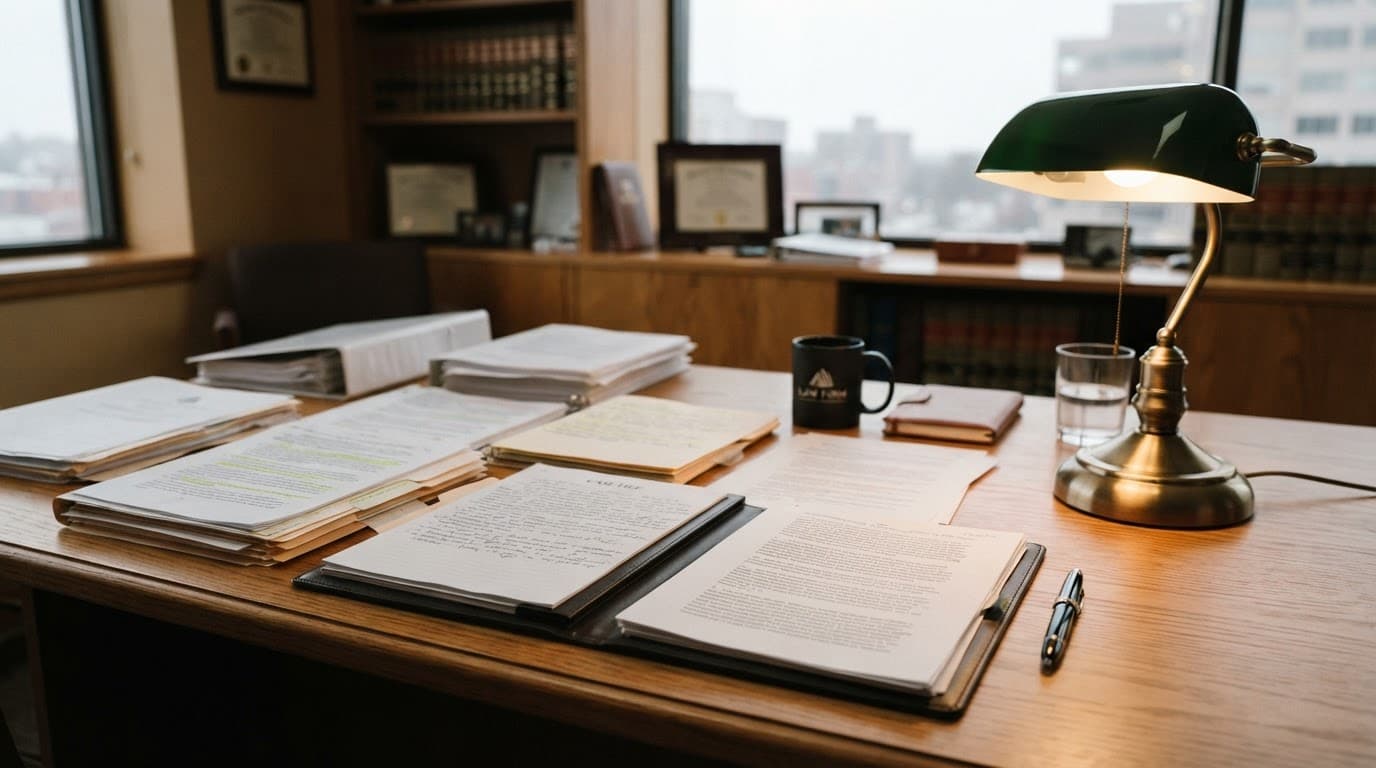 A warm desk lamp illuminates legal papers and a pen on a wooden office desk.