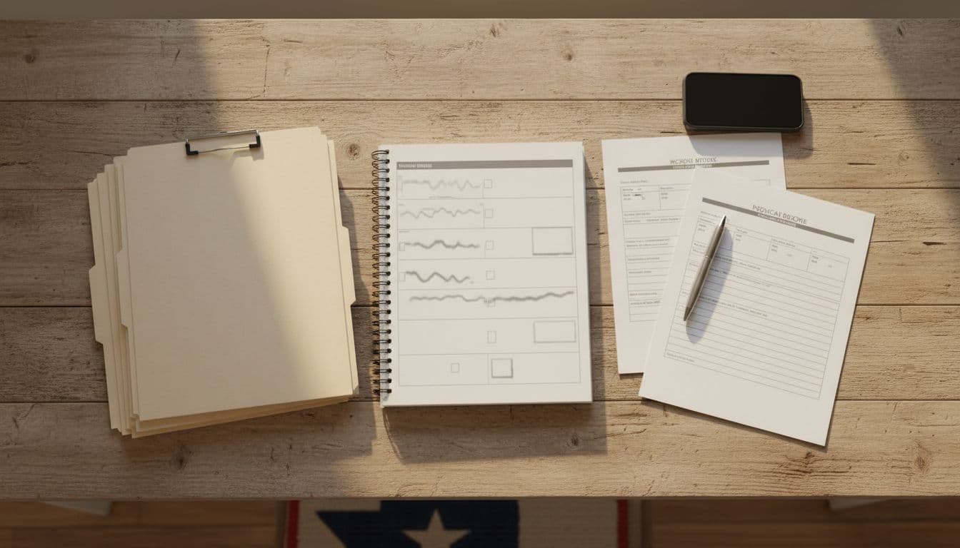 Top-down view of neatly organized generic file folders, notebook, police report, medical bill, pen, and smartphone on a wooden kitchen table in a Texas home, bathed in soft morning sunlight.