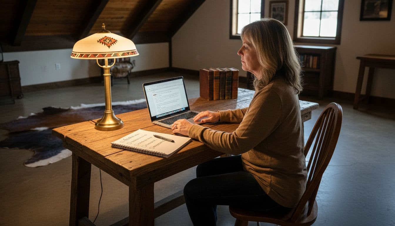 A middle-aged person sits relaxed at a Texas-style home desk with an open laptop showing blurred attorney search results and a notepad checklist nearby, under warm lamp light in a realistic photograph.