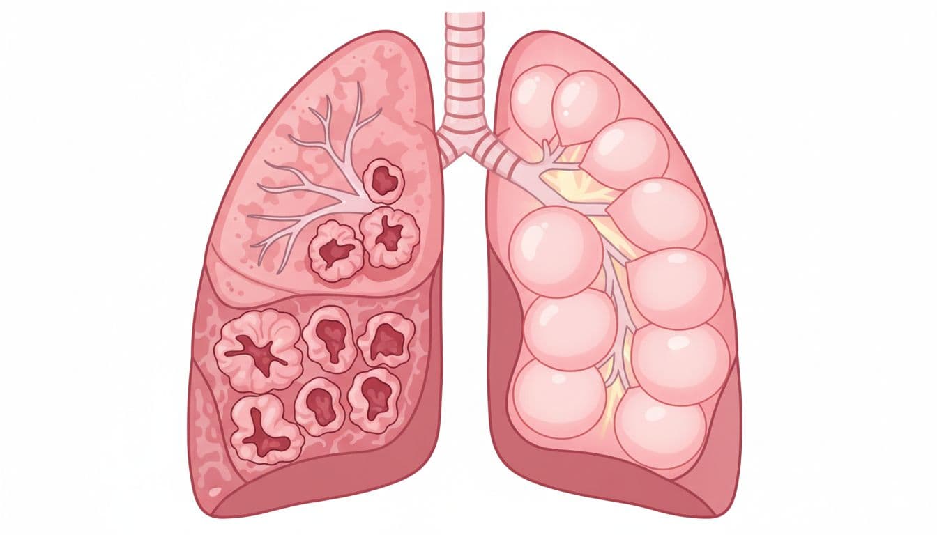 Educational illustration of human lungs cross-section: left side shows clusters of tiny deflated air sacs (alveoli) in pink tissue under stress, right side shows same sacs fully inflated and open after sigh, high contrast colors, simple anatomy style, natural lighting, no text, no people, no extra organs.