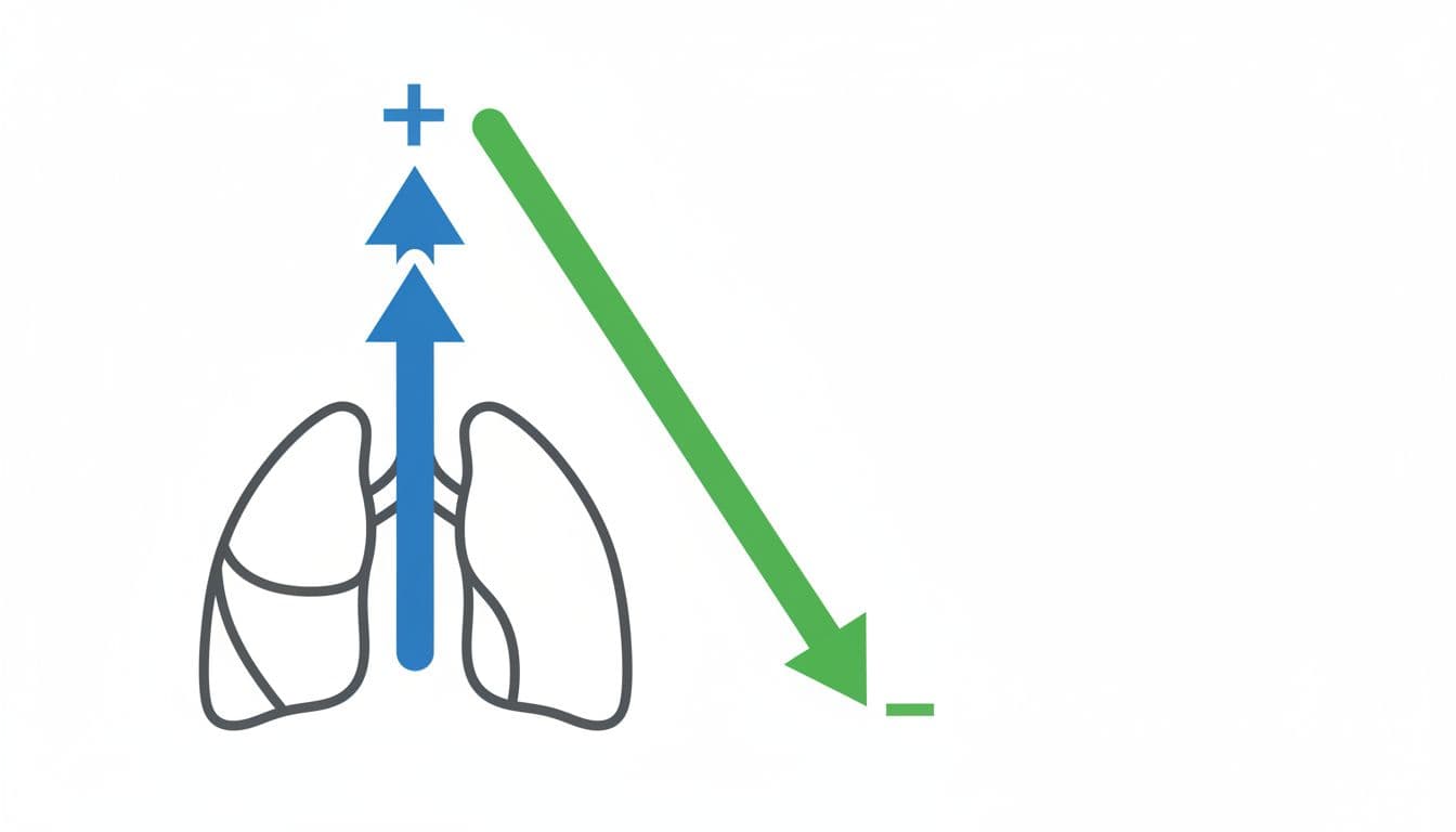 High-contrast line diagram illustrating the physiological sigh: tall blue arrow for deep inhale, smaller blue arrow for second inhale, long green arrow for extended exhale, with gray lung outline on white background.