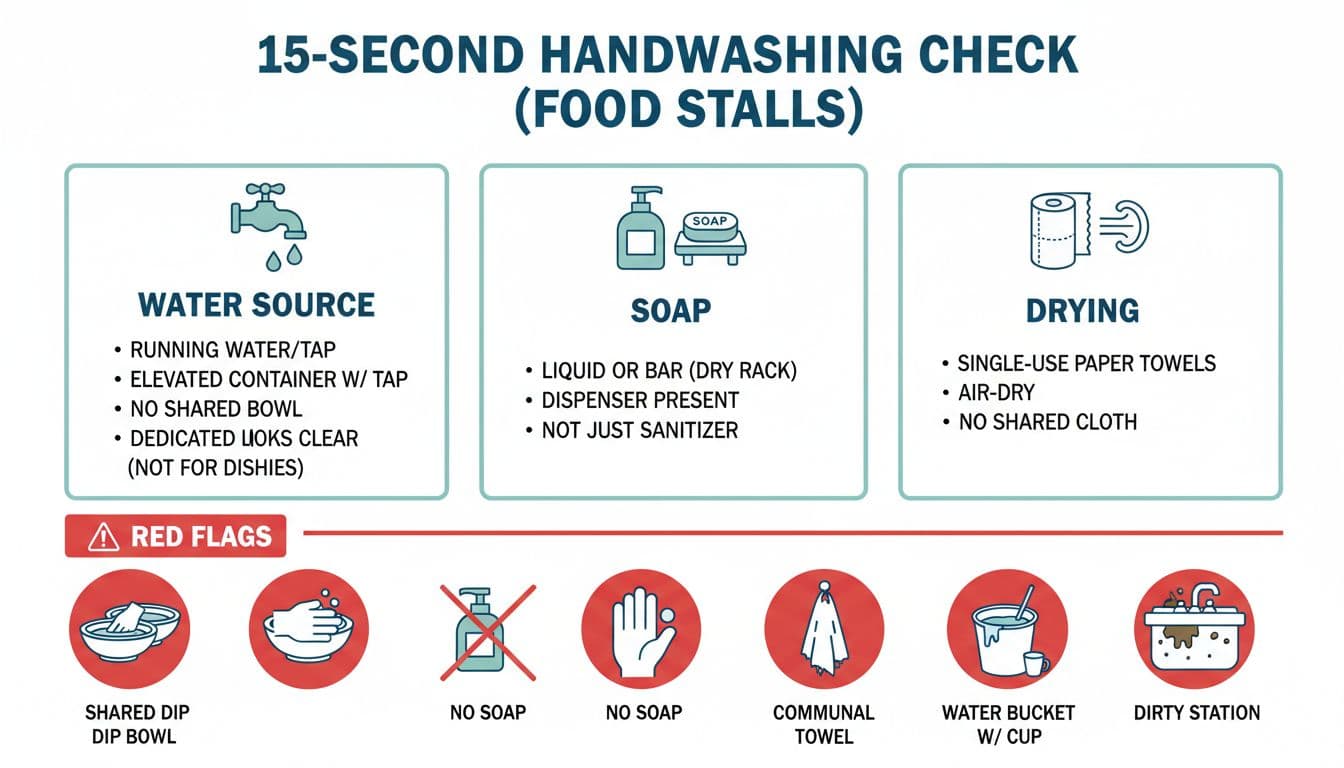 Clean, easy-to-scan infographic for food stall handwashing hygiene, with sections on water source, soap, drying methods, and red flags like shared bowls or dirty stations.