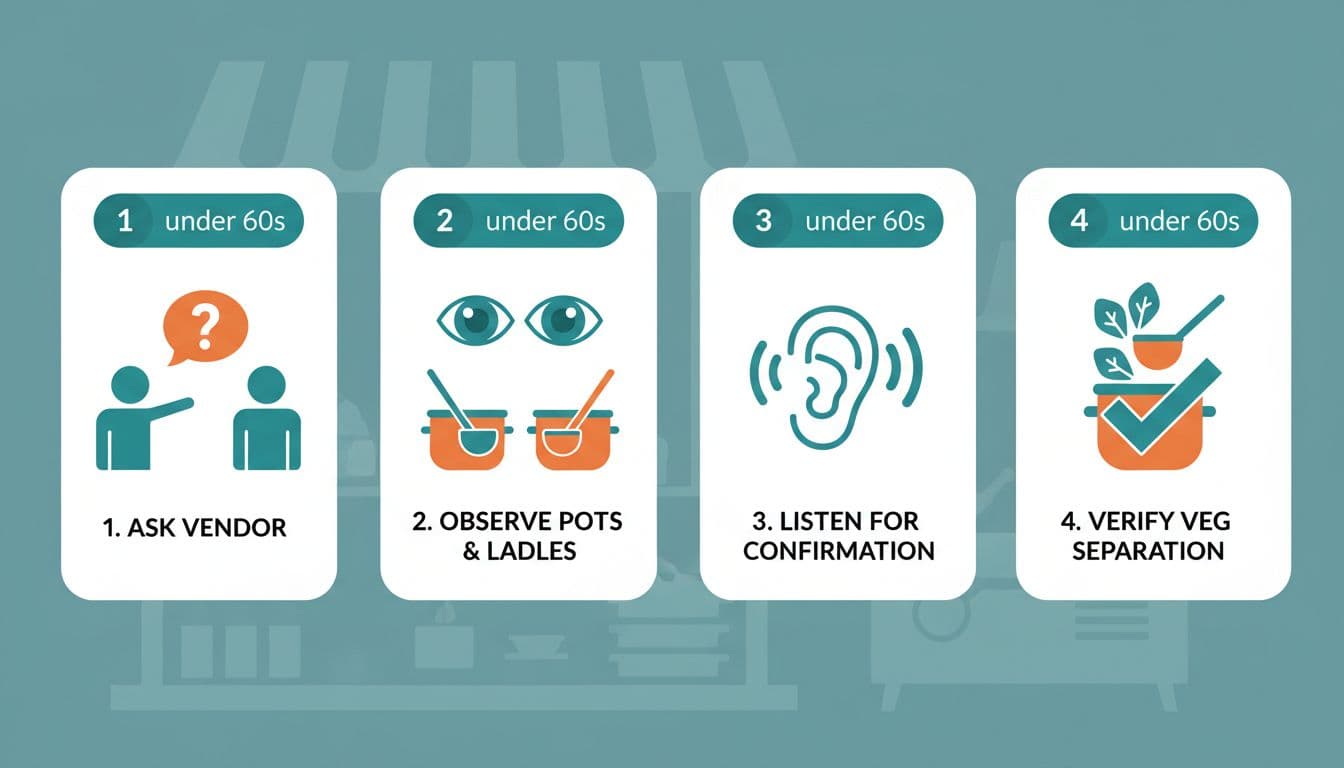 Clean flat vector infographic showing four quick steps to check separate stock pots and ladles at street food stalls for food safety.