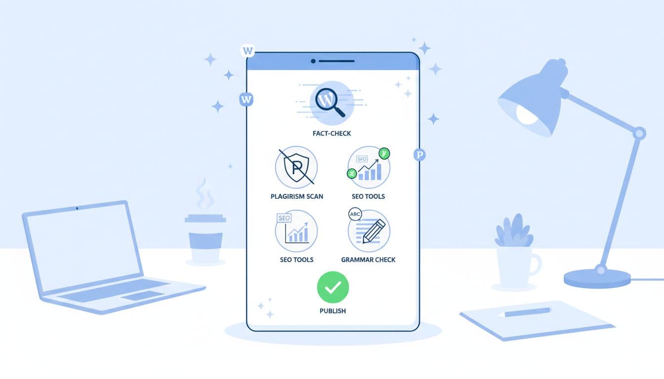 Icons representing key safety steps in an AI blog post checklist on a digital notepad