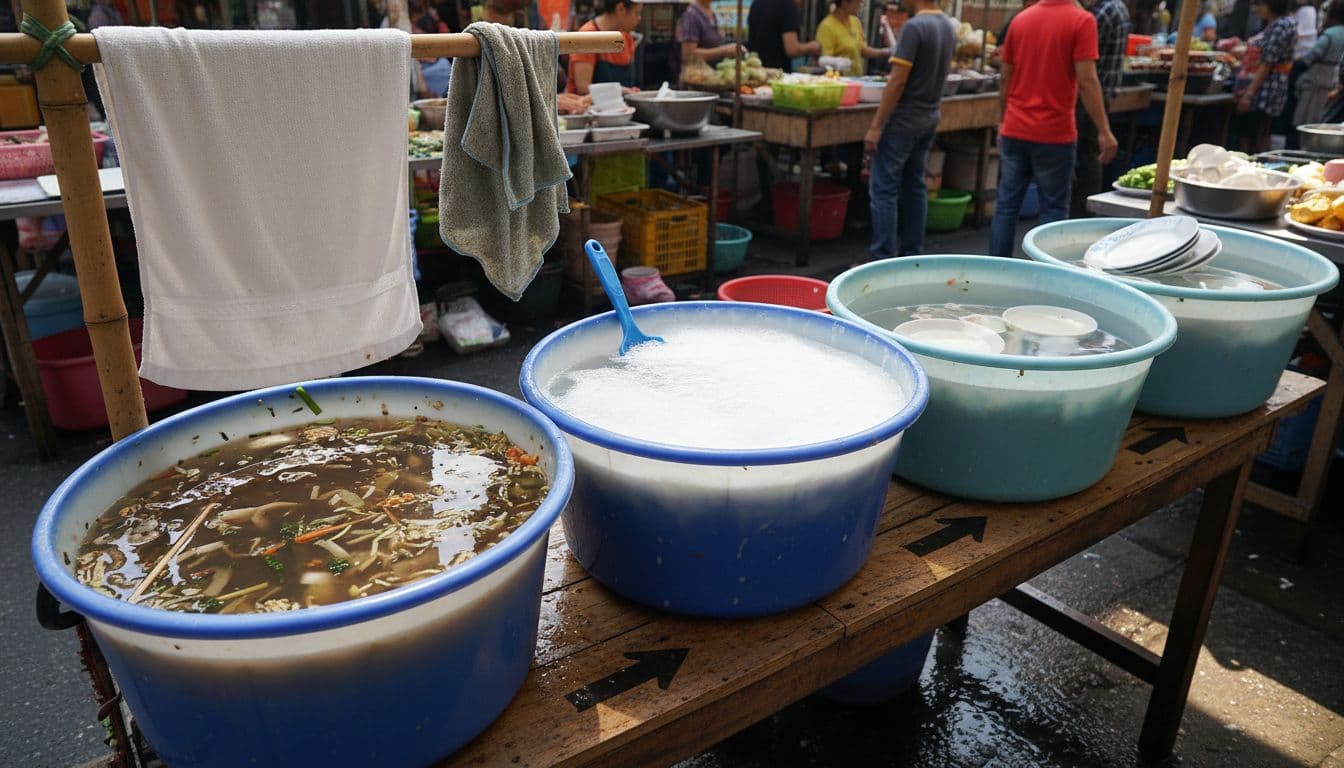 Street food stall dishwashing buckets arranged in a clear workflow