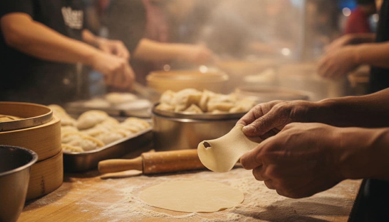 Documentary-style close-up of a translucent dumpling wrapper stretching thin and tearing on a floured surface at a bustling Asian night market stall, held by flour-dusted fingers with steaming trays blurred in the background.