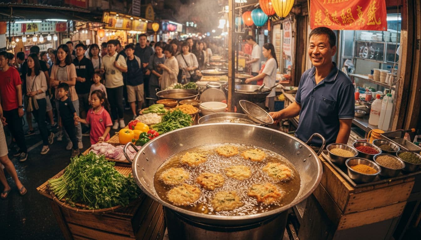 Shiny clean wok filled with pale clear fresh cooking oil gently frying golden pakoras at a vibrant street food stall in an Asian night market, smiling vendor and lively crowd.