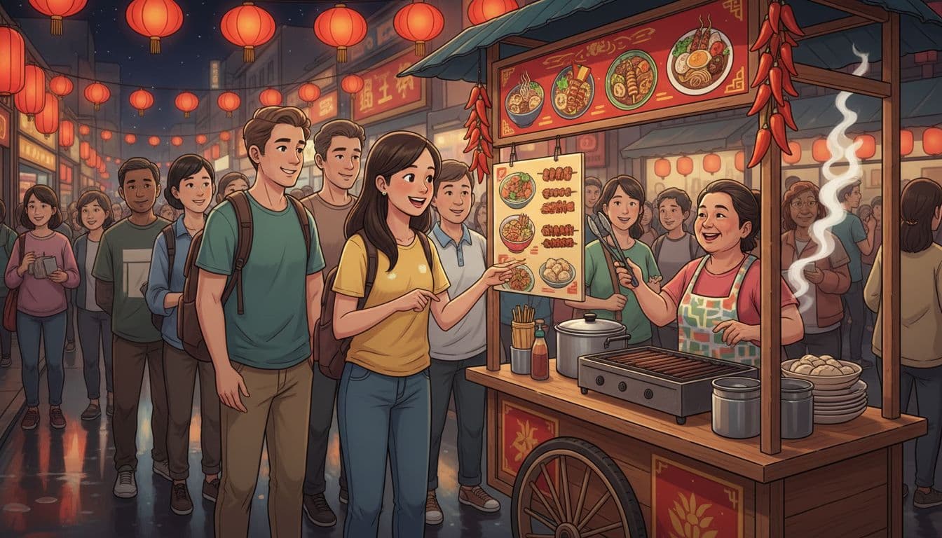 Illustration of travelers ordering at a busy Asian night market stall