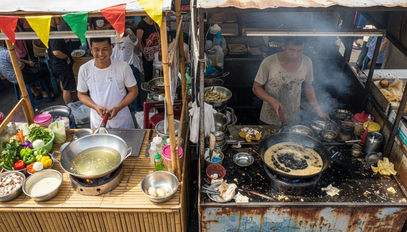 Educational side-by-side comparison of street food frying stalls: left shows clean setup with fresh pale yellow oil in shiny wok; right depicts dingy stall with murky brown reused oil, foam, debris, and smoke.