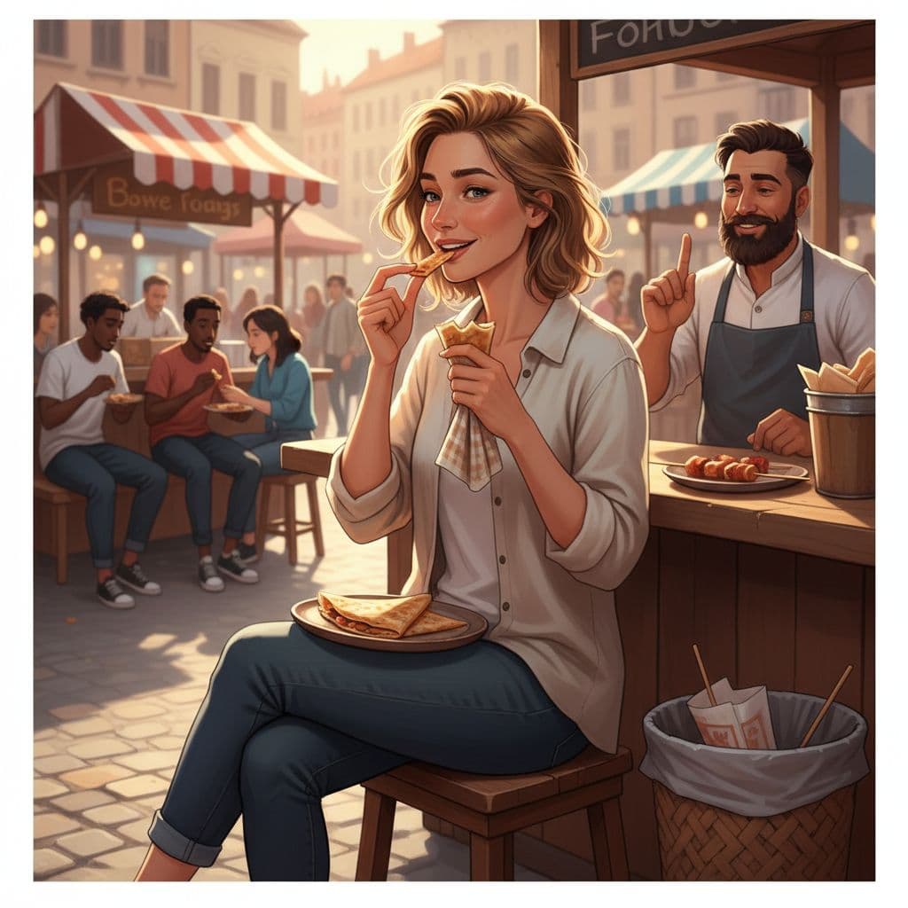 Illustration of traveler eating street food neatly at a European stall