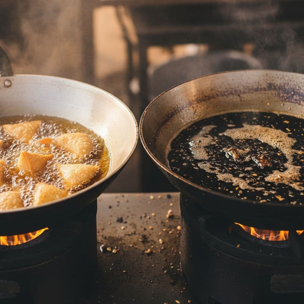 Close-up comparison of fresh golden transparent oil frying samosas in the left wok versus dark viscous reused oil with foam and debris in the right wok at street food stalls.