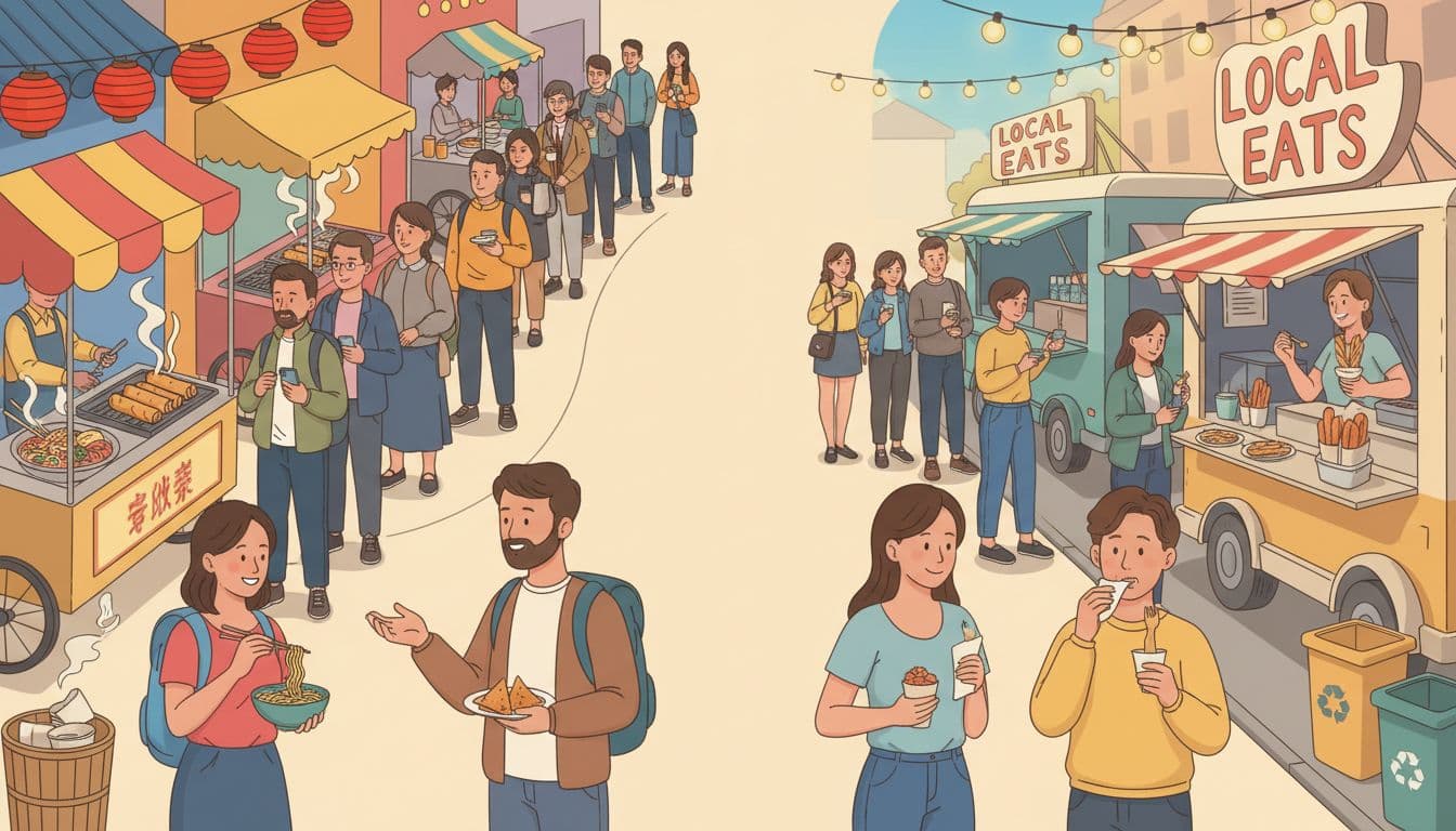 Illustration of a global street food scene with travelers queuing, paying, and eating politely