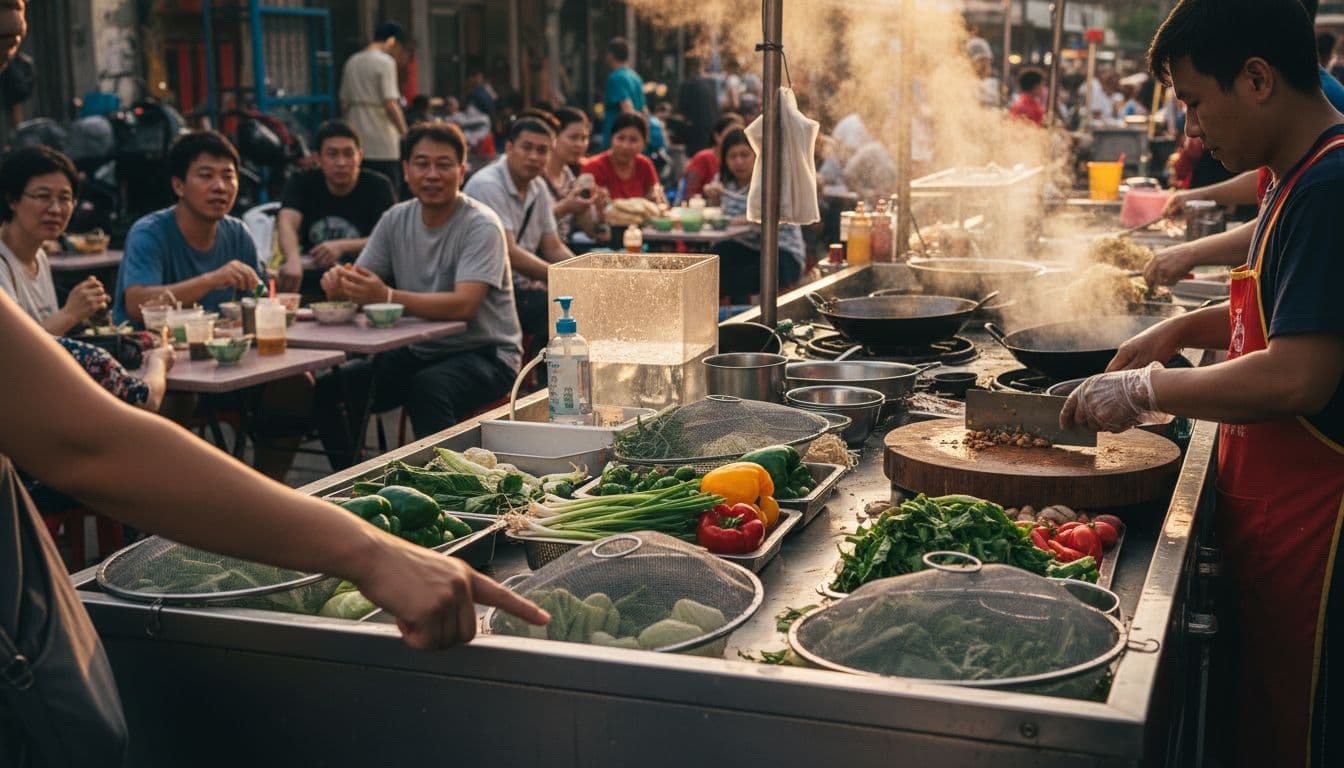Traveler scanning a clean, busy Asian street food stall at dusk