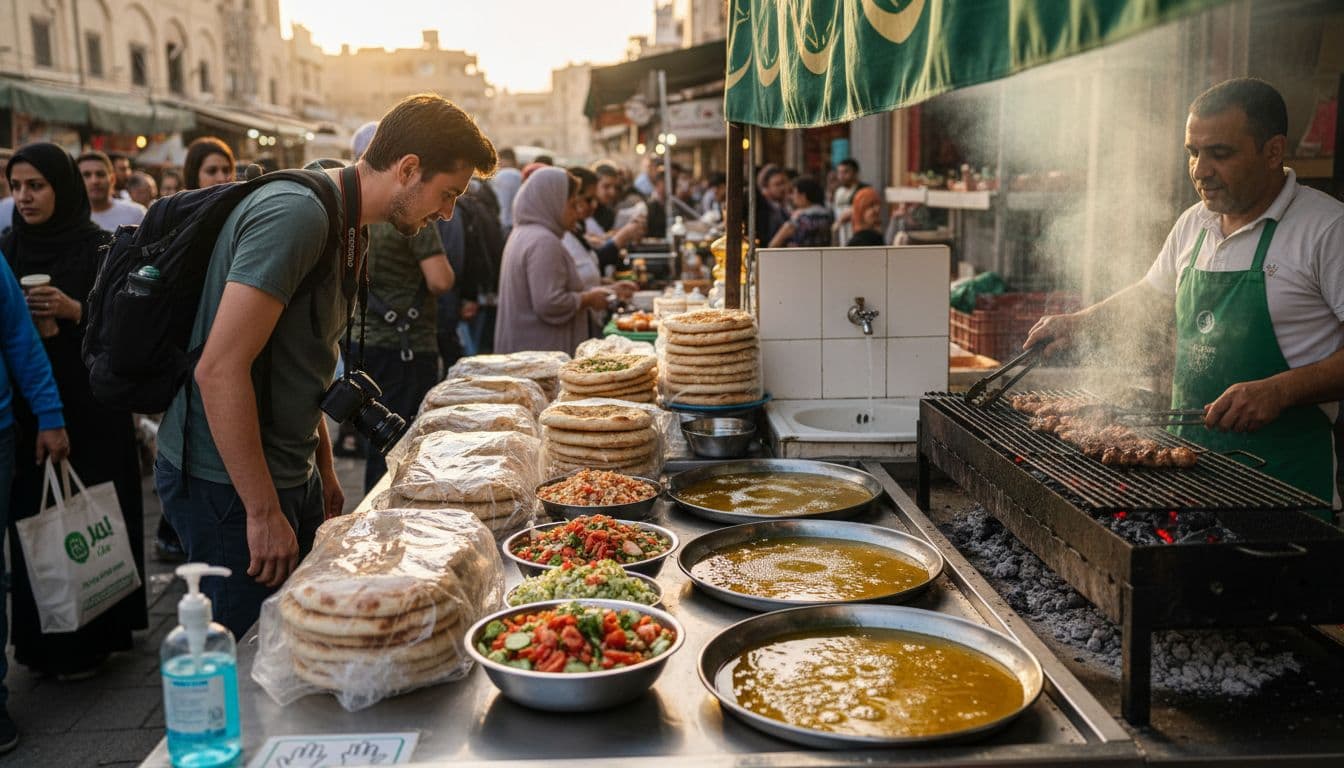 Vendor using tongs and clean tools at a Middle Eastern street food stall