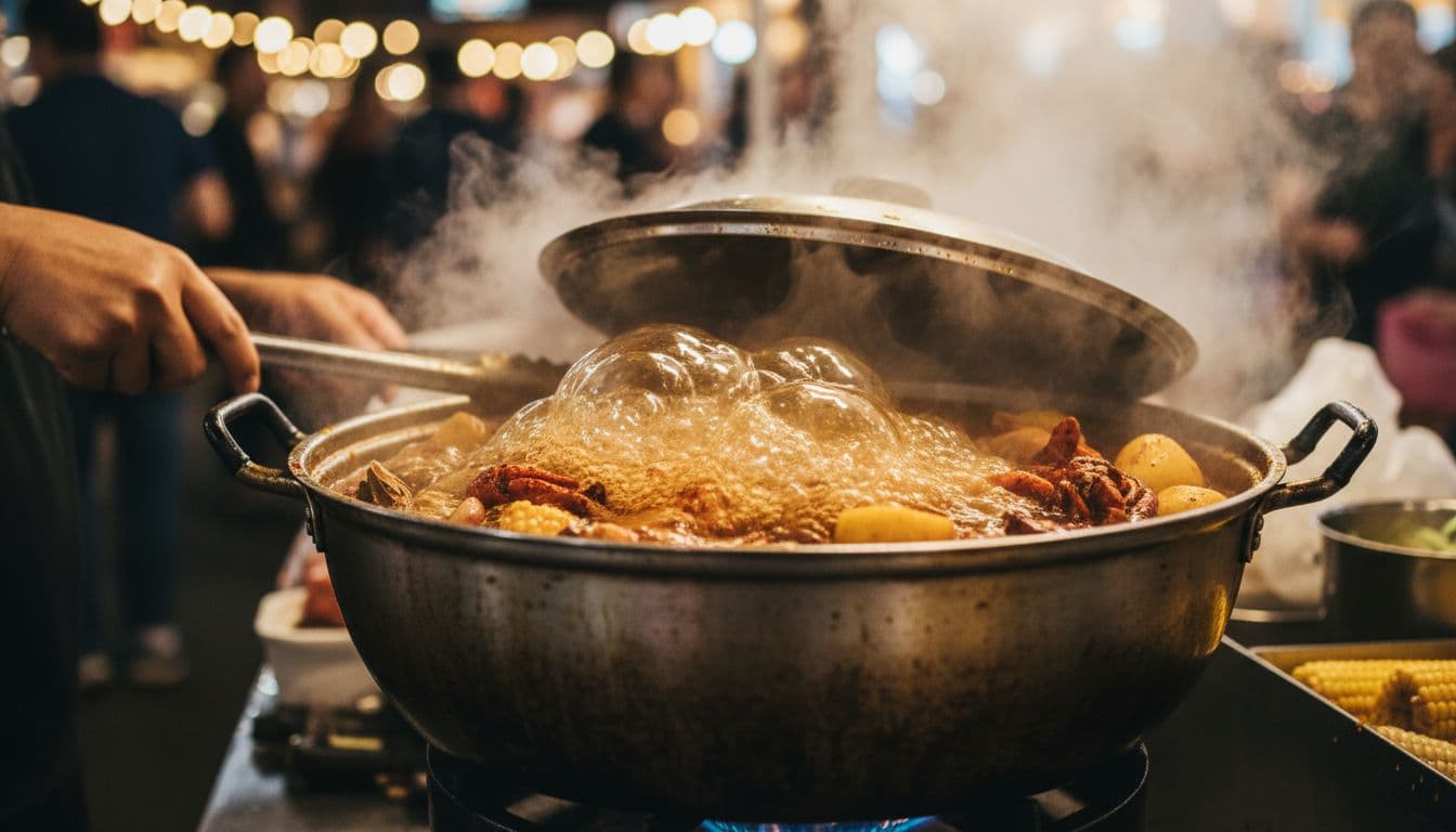 Documentary-style close-up of a street stall seafood boil at a vigorous rolling boil in a stainless steel stockpot on a portable gas burner, with vendor's hands holding tongs amid bustling night market lights and rising steam.
